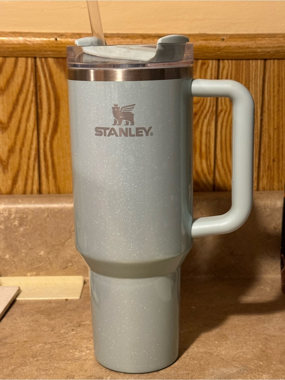 Stanley Travel Mug with Sparkle Pale Blue Finish and Handle